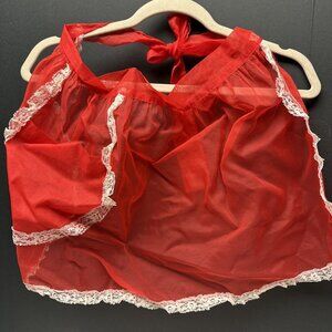 Sexy Vintage 1960s Red Sheer Apron White Lace Trim Pocket Valentines Day
